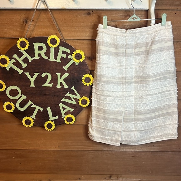 Talbots Midi Textured Cotton Linen Fringe Cream White Pencil Skirt Zip Lagenlook - Picture 4 of 7